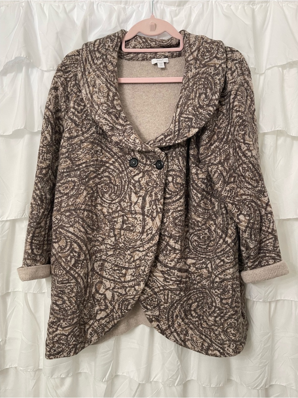 J. Jill Taupe and Cream Shawl-Collar Patterned Cardigan